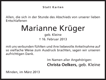 Anzeige von Marianne Krüger von Mindener Tageblatt