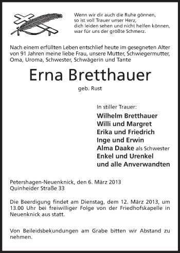Anzeige von Erna Bretthauer von Mindener Tageblatt