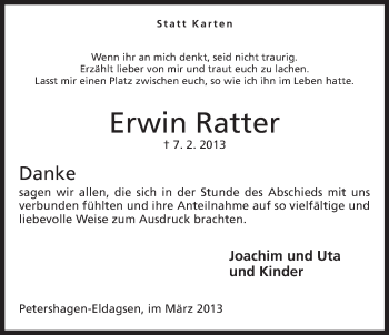 Anzeige von Erwin Ratter von Mindener Tageblatt