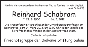Anzeige von Reinhard Schabram von Mindener Tageblatt