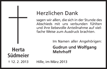 Anzeige von Herta Südmeier von Mindener Tageblatt