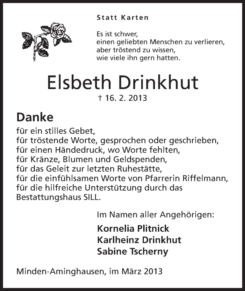 Traueranzeige für Elsbeth Drinkhut vom 16.03.2013 aus Mindener Tageblatt