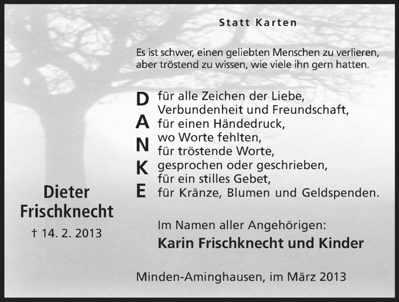  Traueranzeige für Dieter Frischknecht vom 16.03.2013 aus Mindener Tageblatt