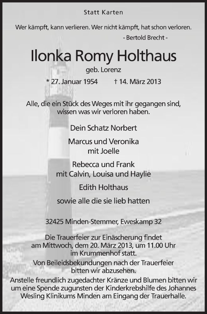  Traueranzeige für Ilonka Romy Holthaus vom 16.03.2013 aus Mindener Tageblatt