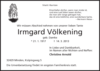 Anzeige von Irmgard Völkening von Mindener Tageblatt