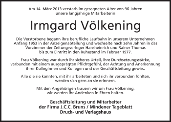 Anzeige von Irmgard Völkening von Mindener Tageblatt