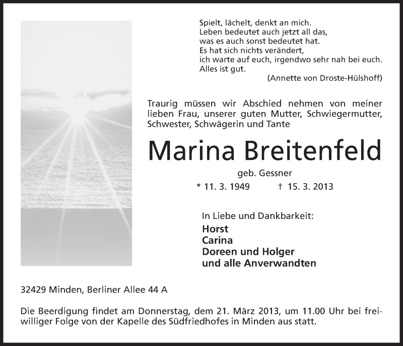  Traueranzeige für Marina Breitenfeld vom 19.03.2013 aus Mindener Tageblatt