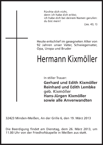 Anzeige von Hermann Kixmöller von Mindener Tageblatt