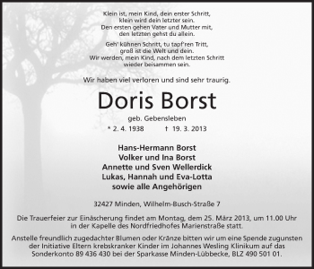 Anzeige von Doris Borst von Mindener Tageblatt