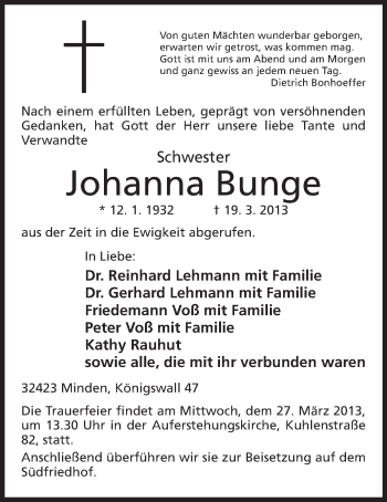 Anzeige von Johanna Bunge von Mindener Tageblatt