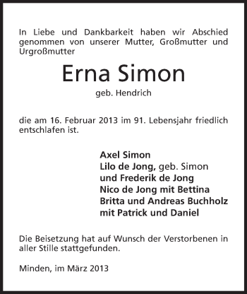 Anzeige von Erna Simon von Mindener Tageblatt