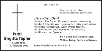 Anzeige von Brigitta Töpfer von Mindener Tageblatt