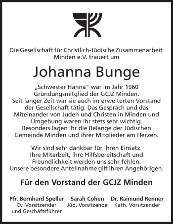 Anzeige von Johanna Bunge von Mindener Tageblatt