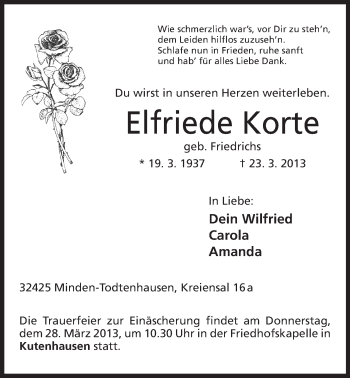 Anzeige von Elfriede Korte von Mindener Tageblatt