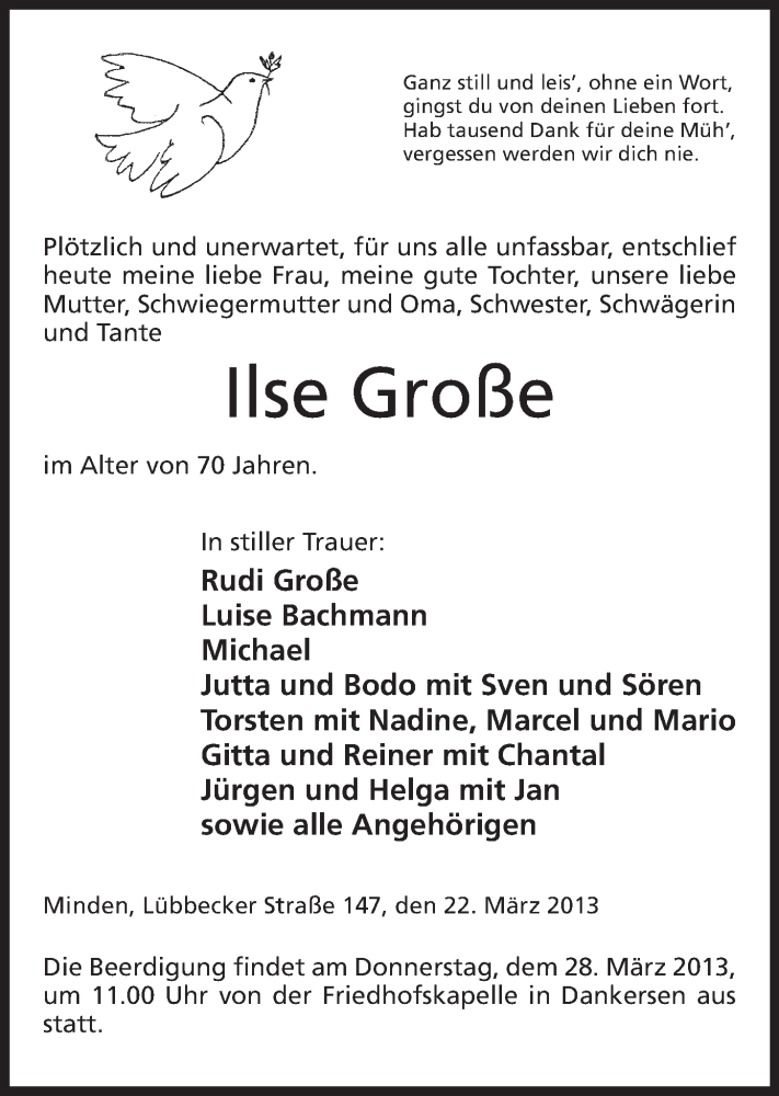  Traueranzeige für Ilse Große vom 26.03.2013 aus Mindener Tageblatt