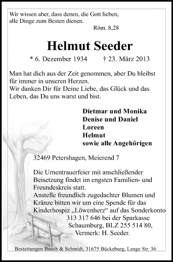 Anzeige von Helmut Seeder von Mindener Tageblatt