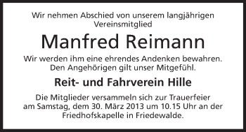 Anzeige von Manfred Reimann von Mindener Tageblatt