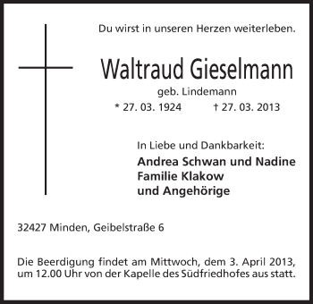 Anzeige von Waltraut Gieselmann von Mindener Tageblatt