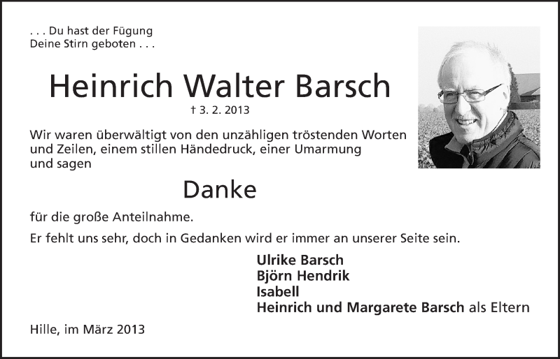  Traueranzeige für Heinrich Walter Barsch vom 29.03.2013 aus Mindener Tageblatt