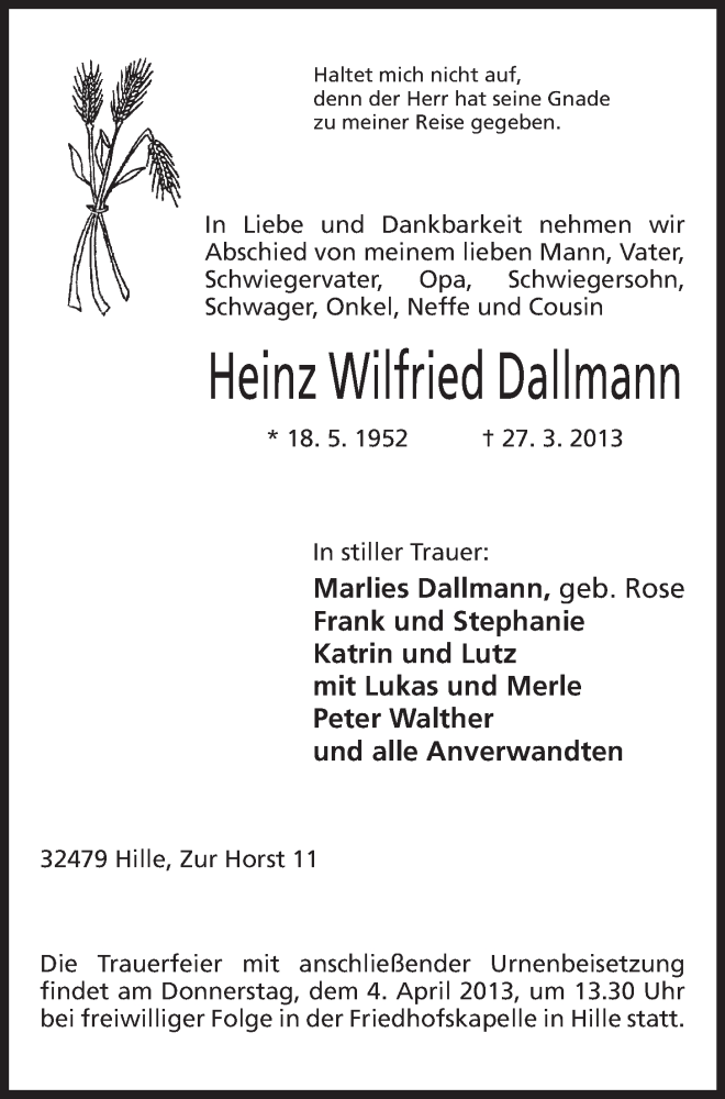  Traueranzeige für Heinz Wilfried Dallmann vom 29.03.2013 aus Mindener Tageblatt