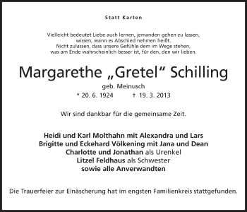 Anzeige von Margarethe Schilling von Mindener Tageblatt