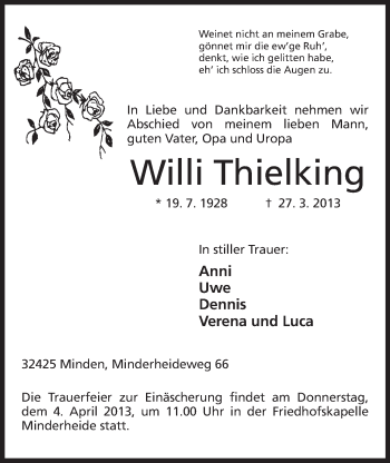 Anzeige von Willi Thielking von Mindener Tageblatt