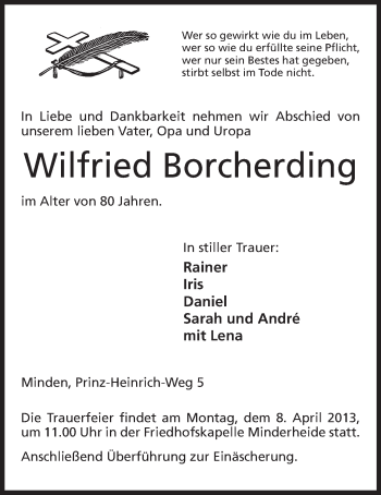 Anzeige von Wilfried Borcherding von Mindener Tageblatt