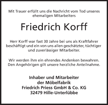 Anzeige von Friedrich Korff von Mindener Tageblatt