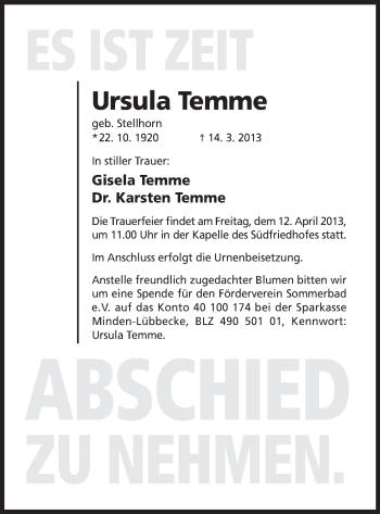 Anzeige von Ursula Temme von Mindener Tageblatt