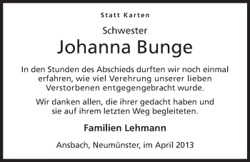 Anzeige von Johanna Bunge von Mindener Tageblatt