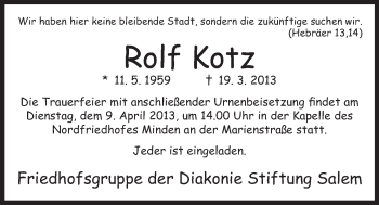 Anzeige von Rolf Kotz von Mindener Tageblatt