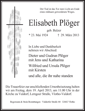 Anzeige von Elisabeth Plöger von Mindener Tageblatt