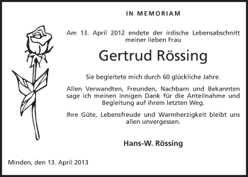 Anzeige von Gertrud Rössing von Mindener Tageblatt