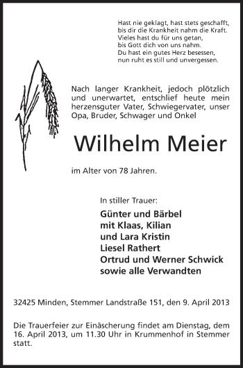 Anzeige von Wilhelm Meier von Mindener Tageblatt