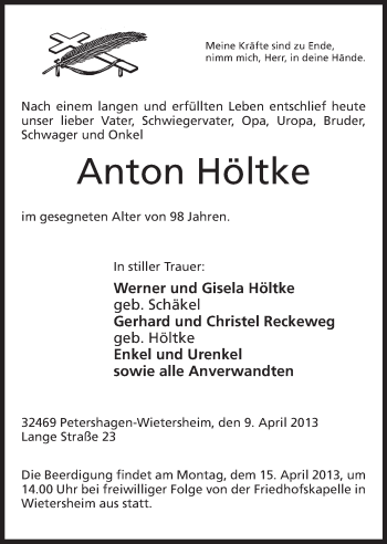 Anzeige von Anton Höltke von Mindener Tageblatt