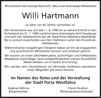 Anzeige von Willi Hartmann von Mindener Tageblatt