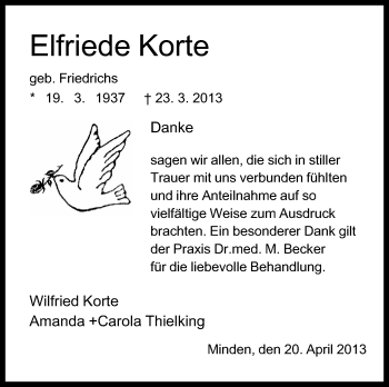 Anzeige von Elfriede Korte von Mindener Tageblatt