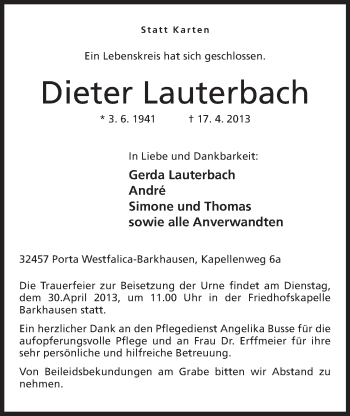 Anzeige von Dieter Lauterbach von Mindener Tageblatt