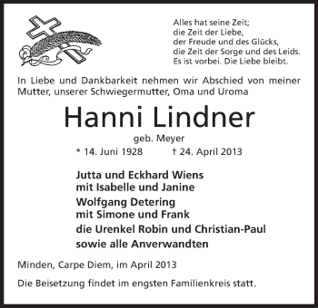 Anzeige von Hanni Lindner von Mindener Tageblatt