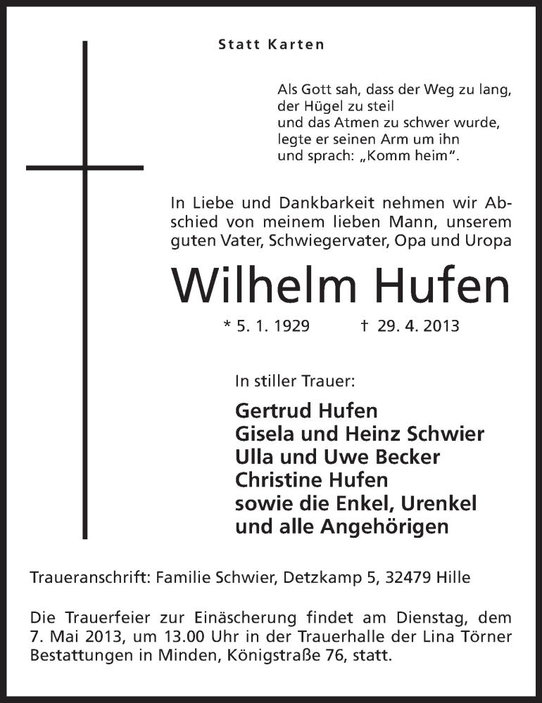  Traueranzeige für Wilhelm Hufen vom 03.05.2013 aus Mindener Tageblatt