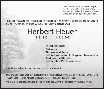 Anzeige von Herbert Heuer von Mindener Tageblatt
