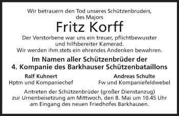 Anzeige von Fritz Korff von Mindener Tageblatt