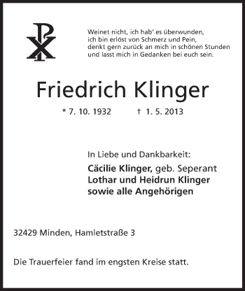 Anzeige von Friedrich Klinger von Mindener Tageblatt
