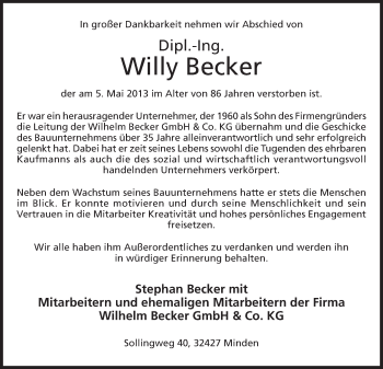 Anzeige von Willy Becker von Mindener Tageblatt