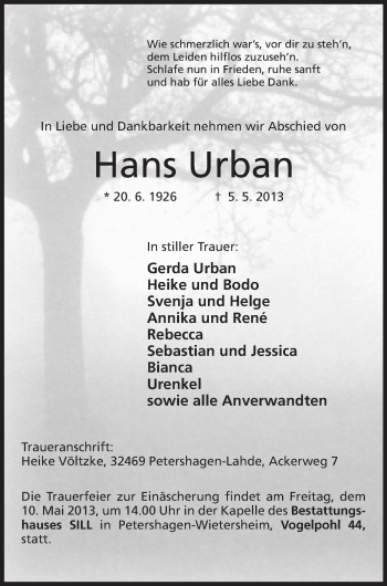 Anzeige von Hans Urban von Mindener Tageblatt