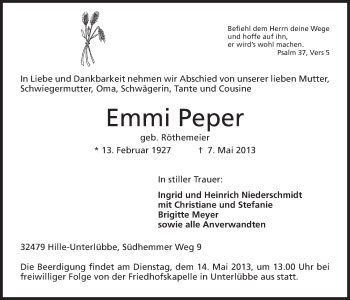 Anzeige von Emmi Peper von Mindener Tageblatt