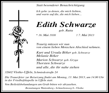 Anzeige von Edith Schwarze von Mindener Tageblatt