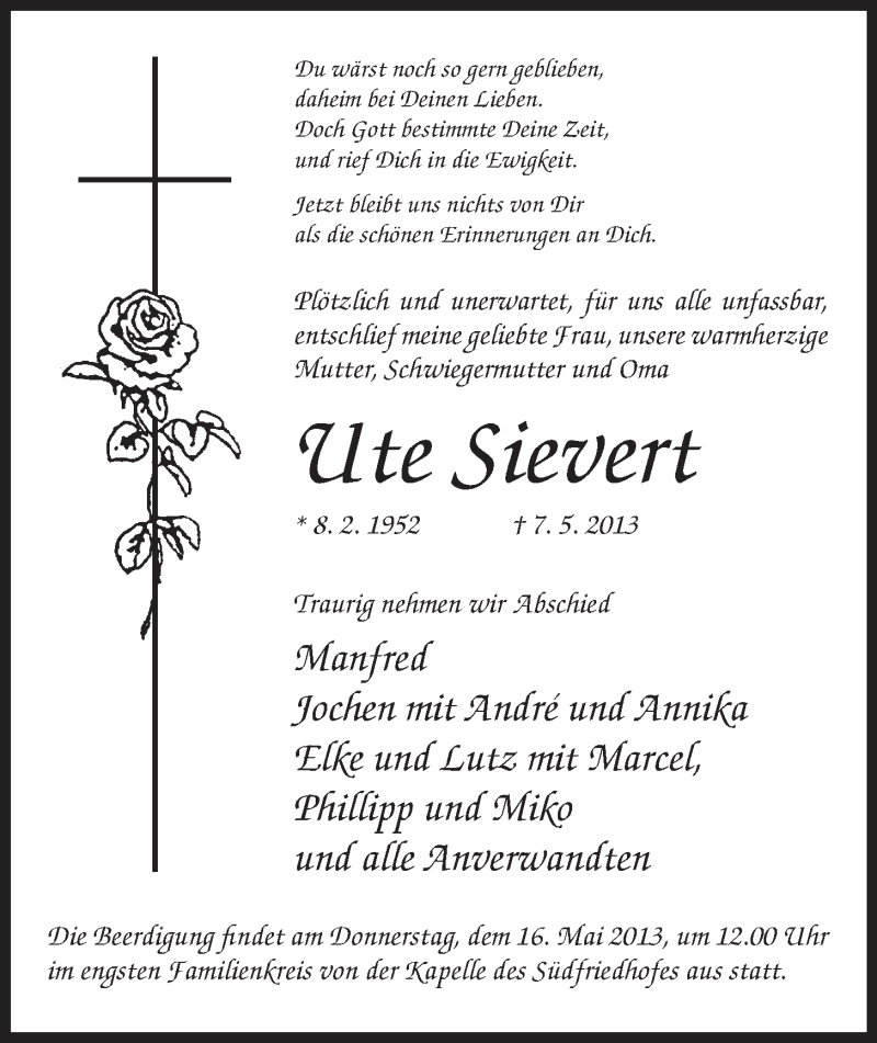  Traueranzeige für Ute Sievert vom 11.05.2013 aus Mindener Tageblatt