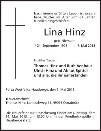 Anzeige von Lina Hinz von Mindener Tageblatt