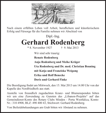 Anzeige von Gerhard Rodenberg von Mindener Tageblatt